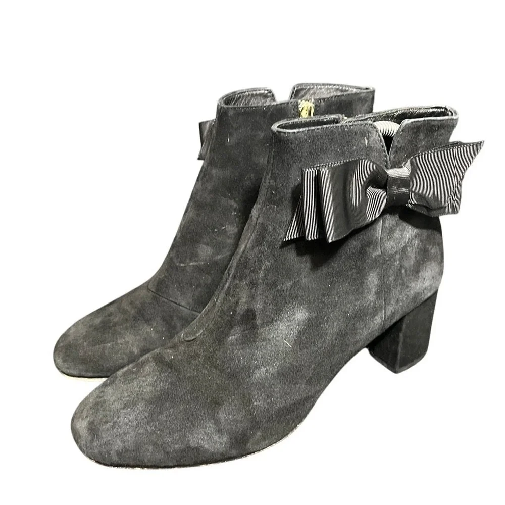 Kate Spade Ankle Boots Womens 9.5M Black Suede Bow Side Zip Block Heel
